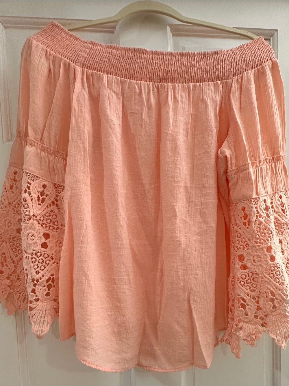 NY Collection Peach Off-Shoulder Top with Lace Trim